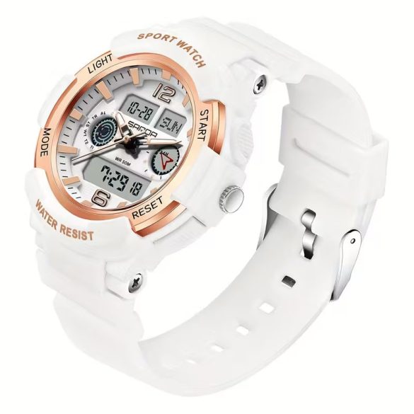 Dámske módne quartzové športové hodinky s dvojitým displejom v bielo-zlatej farbe GH238501-FA