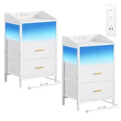   2 ks nočné stolíky s LED osvetlením a nabíjacou stanicou, textilné, biele GV759744-F