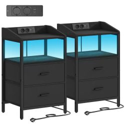   2 ks nočné stolíky s LED osvetlením a nabíjacou stanicou, textilné, čierne GV759744