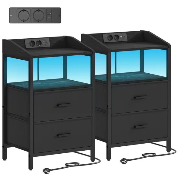 2 ks nočné stolíky s LED osvetlením a nabíjacou stanicou, textilné, čierne GV759744