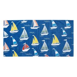  Modrý plážový uterák s motívom plachetnice (70x140 cm) H-70X140-1