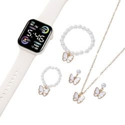   6-dielna dámska digitálna hodinky a motýľová bižutéria - biela/zlatá HF6259183