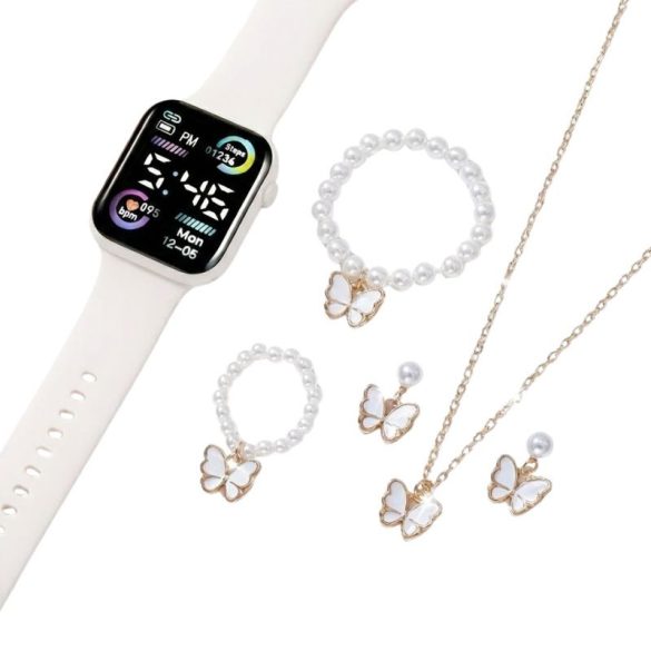 6-dielna dámska digitálna hodinky a motýľová bižutéria - biela/zlatá HF6259183