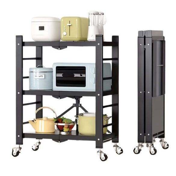 Trojposchodová skladateľná kuchynská polica na kolieskach – čierna JR3860229-B