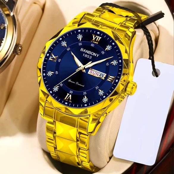Kvarcové hodinky BANBONY s rímskymi číslicami v modro-zlatej farbe JU9178069-KA