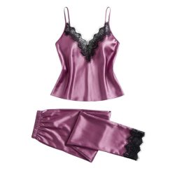   Biskupsky fialová kontrastná čipkovaná pyžamová súprava – zvodné domáce oblečenie JX406274-L