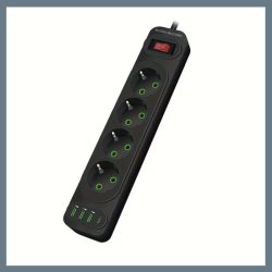   Predlžovací kábel so 4 zásuvkami, USB a Type-C rýchlonabíjacími portmi, čierny K24U-BLACK