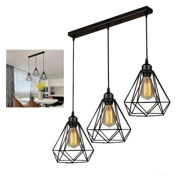 Závesné loft retro svietidlo s 3 žiarovkami – čierny kovový rám KR1500199