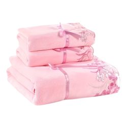   Luxusná 3-dielna sada mikrovláknových uterákov s čipkovaným výšivkou, ružová LB2415928