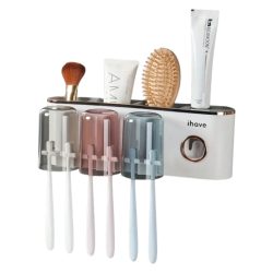   Nástenný držiak na zubné kefky s dávkovačom zubnej pasty stredný biely LH13115-2