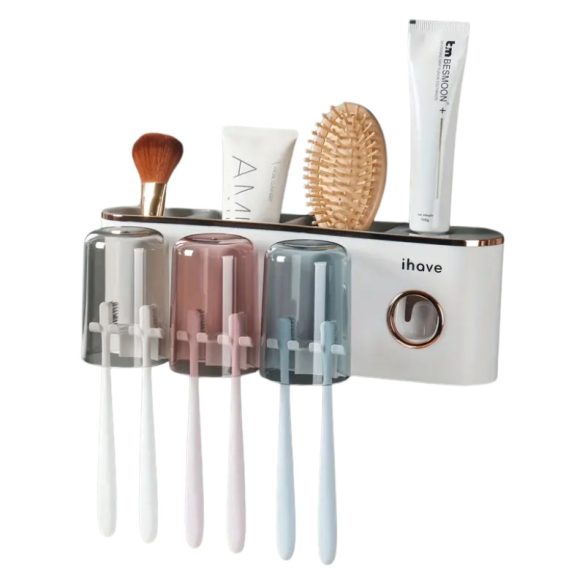 Nástenný držiak na zubné kefky s dávkovačom zubnej pasty stredný biely LH13115-2