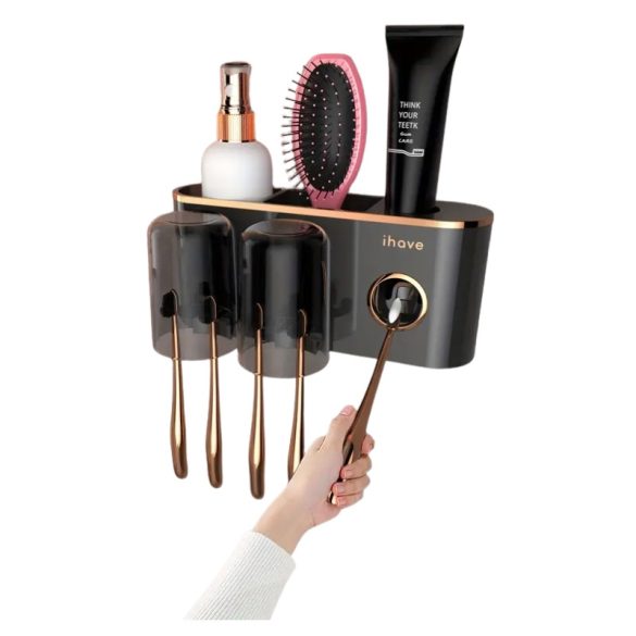 Nástenný držiak na zubné kefky s dávkovačom zubnej pasty malý čierny LH13115-4