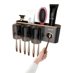   Nástenný držiak na zubné kefky s dávkovačom zubnej pasty stredný čierny LH13115-5