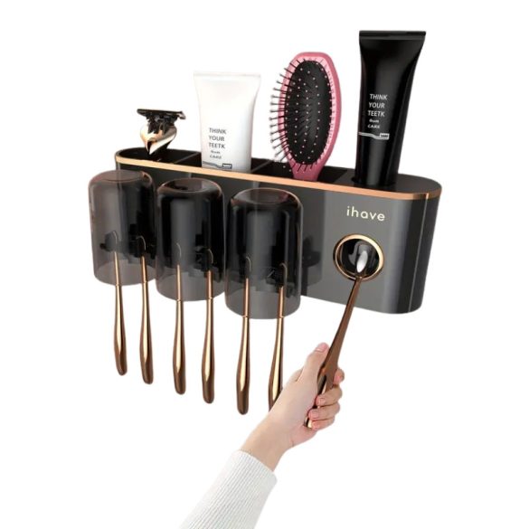 Nástenný držiak na zubné kefky s dávkovačom zubnej pasty stredný čierny LH13115-5