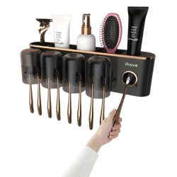   Nástenný držiak na zubné kefky s dávkovačom zubnej pasty veľký čierny LH13115-6