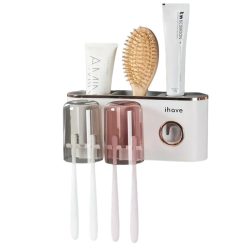   Nástenný držiak na zubné kefky s dávkovačom zubnej pasty malý biely LH13115