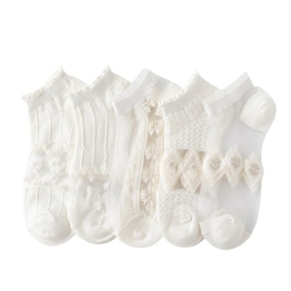Sada 5 párov sladkých a roztomilých tylových ponožiek – biele čipkované členkové ponožky LT00928