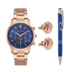  Matteo Ferari "Royal Blue" Pánsky Darčekový Set – Hodinky, Manžetové Gombíky a Pero (Čierna Dóza) MF01RB