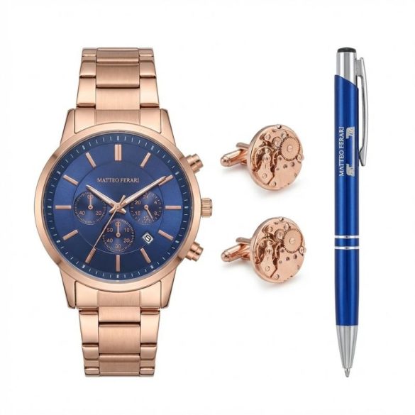 Matteo Ferari "Royal Blue" Pánsky Darčekový Set – Hodinky, Manžetové Gombíky a Pero (Čierna Dóza) MF01RB