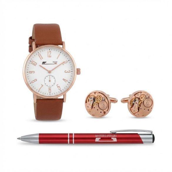 Matteo Ferari "Classic Rose" Pánska Darčeková Sada – Hodinky, Manžetové Gombíky a Pero (Béžová Darčeková Krabička) MF02B