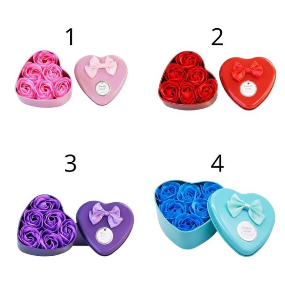 Sada 6 Kusov Rúžových Mydlových Ruží v Srdcovom Kovovom Boxe – "Sweet Love"