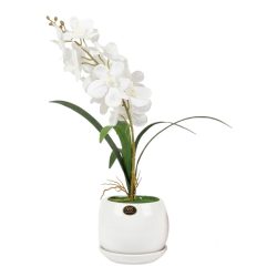   Dekoratívna umelá orchidea v kvetináči s bielymi kvetmi ORCH1