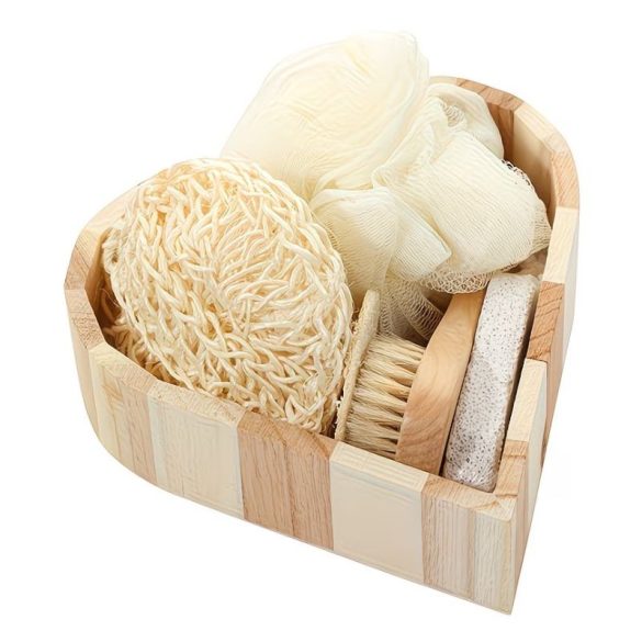 Kockovaná drevená darčeková sada do kúpeľa v tvare srdca – 5-dielny wellness balíček PL92758-1