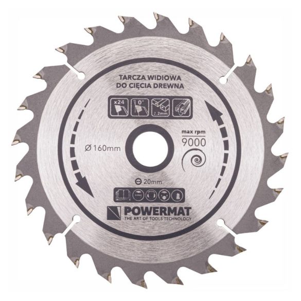 Kruhový pilový kotúč Powermat s karbidovými zubami na drevo – 160 mm, 24 zubov PM0878