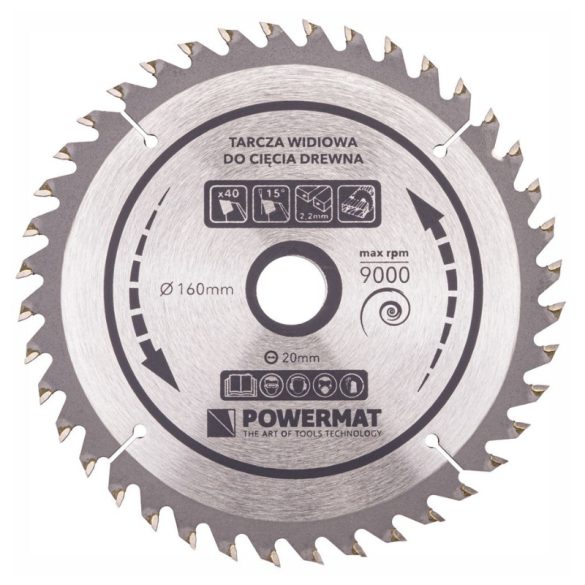 Kruhový pílový kotúč Powermat s karbidovými zubami na drevo – 160 mm, 40 zubov PM0879