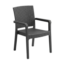   Čierna plastová záhradná stolička s opierkou na ruky v štýle ratanu PVC-RAT-12