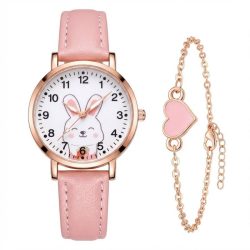   Roztomilá súprava dámskych hodiniek a náramkov s motívom zajačika – pastelovo ružová QQ11707971