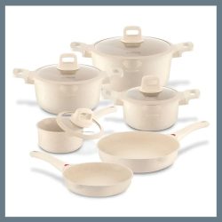   Royalty Line – 10-dielna sada indukčného riadu s mramorovým povrchom a silikónovými rukoväťami, krémová farba RL-T10C