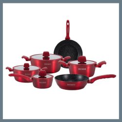   Royalty Line – 10-dielna sada indukčného riadu s mramorovým povrchom a silikónovými rukoväťami, červená RL-T10RED
