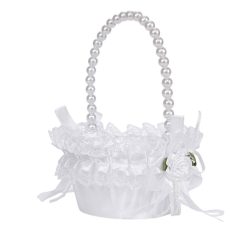   Elegantný košík na sypanie kvetových okvetných lístkov s perličkami – s bielou čipkovanou ružou RQ10109677