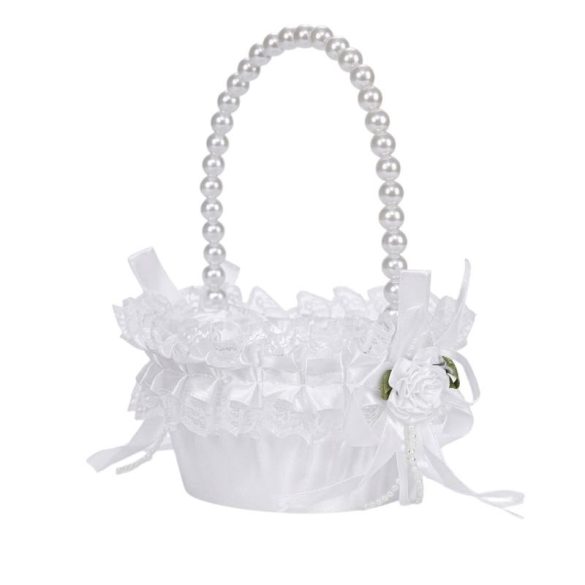 Elegantný košík na sypanie kvetových okvetných lístkov s perličkami – s bielou čipkovanou ružou RQ10109677