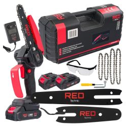   Akumulátorová minireťazová píla RED TECHNIC 21 V – s 2 akumulátormi, s vodiacimi lištami 4" a 6" RTMPA0064