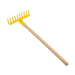   Žltá plastová detská hrablka s drevenou rukoväťou SGG-01