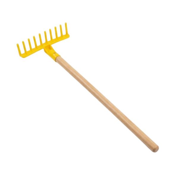 Žltá plastová detská hrablka s drevenou rukoväťou SGG-01