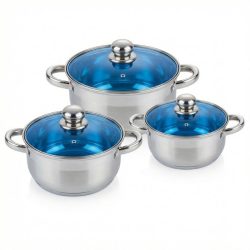   Swiss Zurich 6-dielna Nerezová Sada na Servírovanie a Dusenie – Modré Sklenené Pokrievky SZ6CH