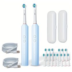   2 ks modrých elektrických zubných kefiek s 16 kefovými hlavicami, USB nabíjaním a cestovnými puzdrami TD4461037-3
