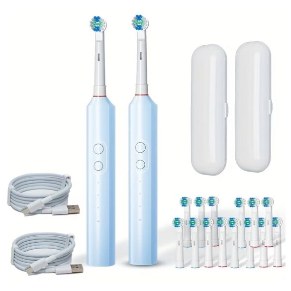 2 ks modrých elektrických zubných kefiek s 16 kefovými hlavicami, USB nabíjaním a cestovnými puzdrami TD4461037-3