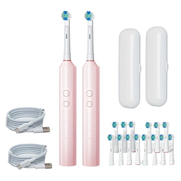 2 ks ružových elektrických zubných kefiek s 16 kefovými hlavicami, USB nabíjaním a cestovnými puzdrami TD4461037-4