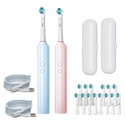   2 ks elektrických zubných kefiek s 16 kefovými hlavicami, USB nabíjaním a cestovnými puzdrami, modrá a ružová TD4461037-6