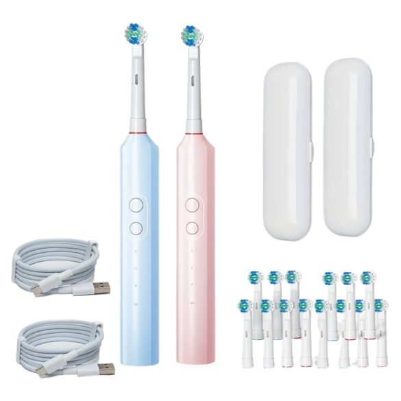 2 ks elektrických zubných kefiek s 16 kefovými hlavicami, USB nabíjaním a cestovnými puzdrami, modrá a ružová TD4461037-6