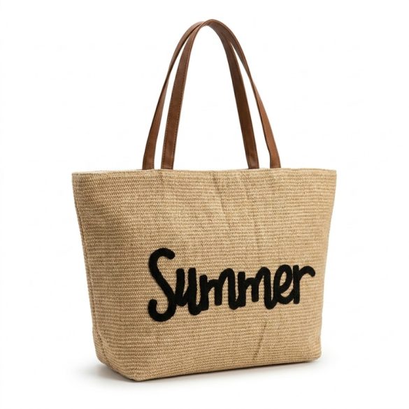 Elegantná pletená letná plážová taška s hnedými popruhmi a nápisom „Summer“ TSK-09