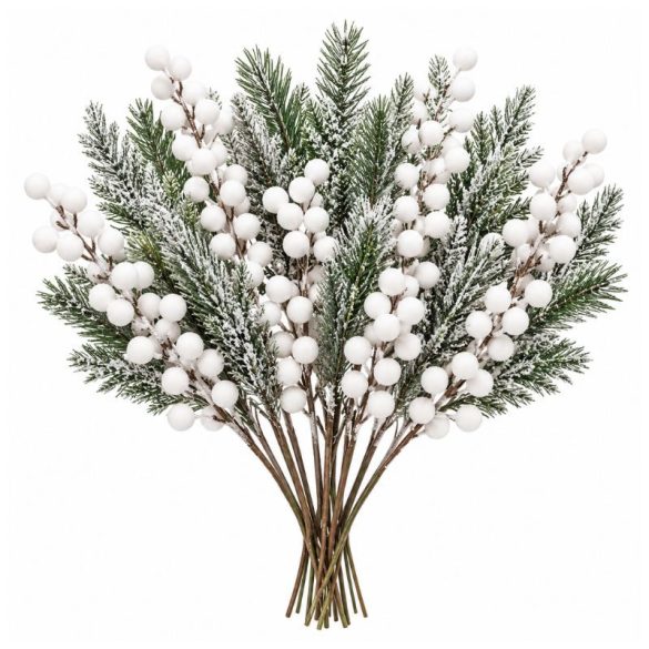 Biele umelé cyprusové vetvičky s bobuľami s efektom ľadu, 12 ks. 26 cm UB5837404