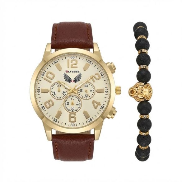 ULYSSES "Golden Jaguar" Pánske Hodinky a Náramok – Zlatá / Bordová – ULY3AB
