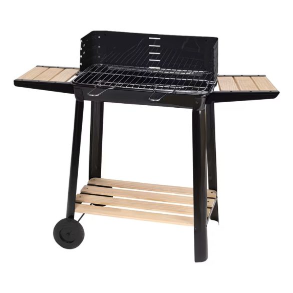 Veľký záhradný gril na drevené uhlie s 5-stupňovo nastaviteľným roštom, drevenými policami a kolieskami V2MQ53W323