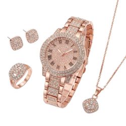   5-dielna luxusná dámska súprava hodiniek a šperkov s kamienkami – ružovo-zlatá farba VJ9749671-RG