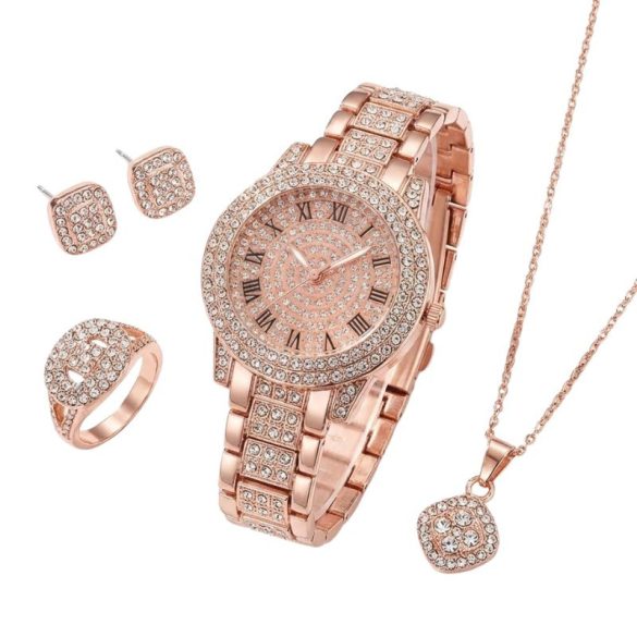5-dielna luxusná dámska súprava hodiniek a šperkov s kamienkami – ružovo-zlatá farba VJ9749671-RG